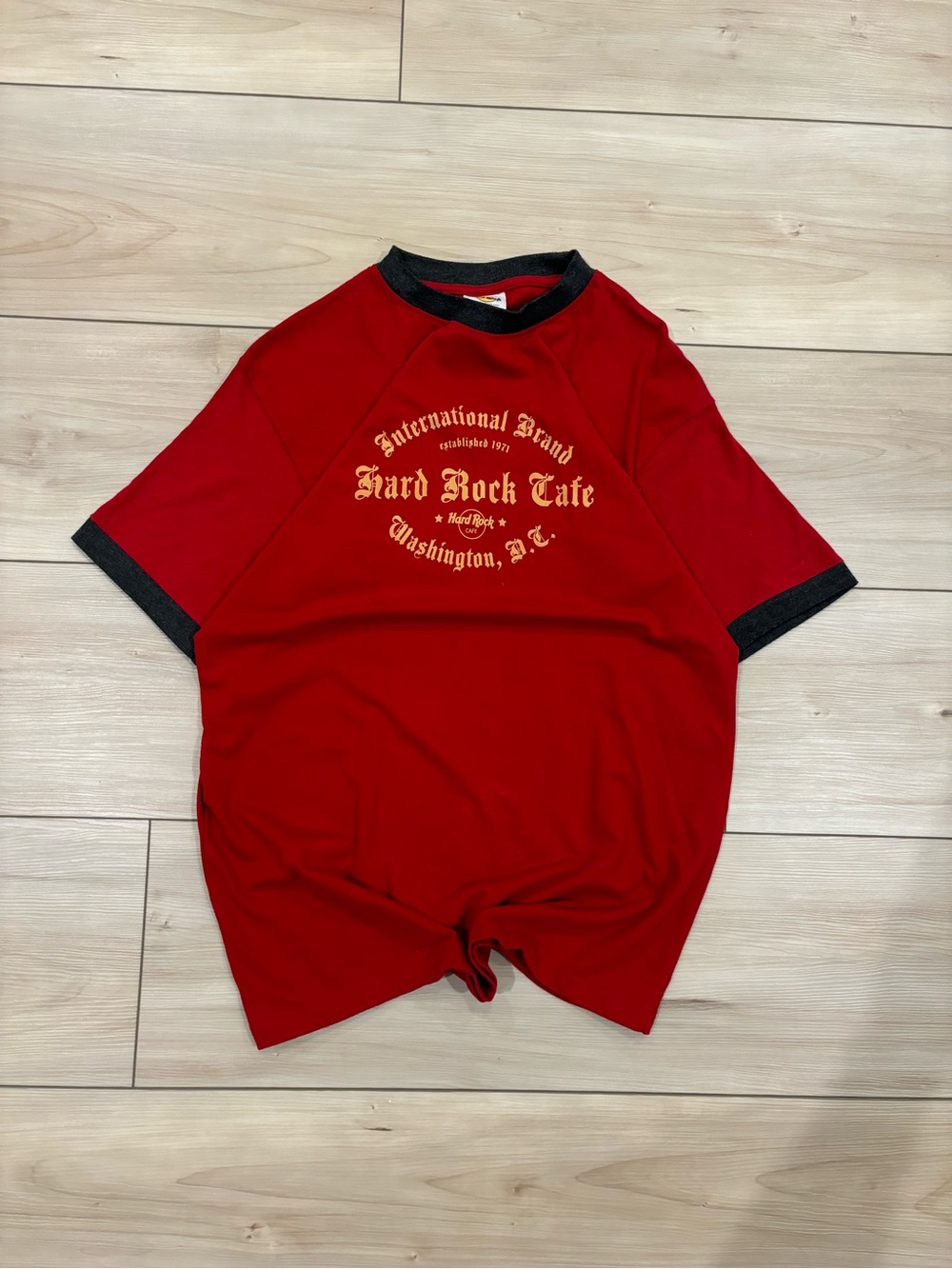 Hard Rock Cafe Vintage 90s Red Ringer Mens Tee with Black Collar and Yellow Logo